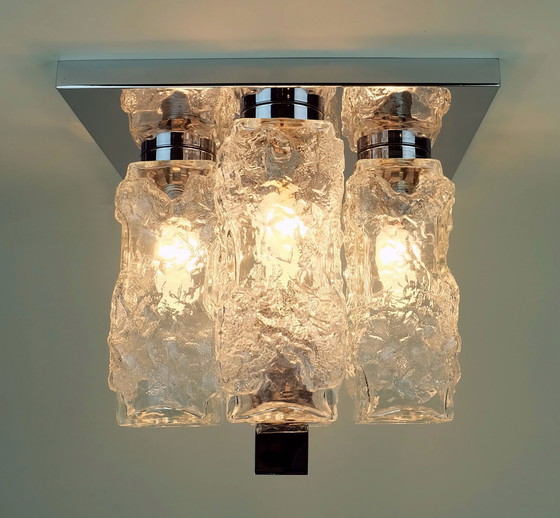 Image 1 of Eccezionale lampada da soffitto a filo di metà secolo con 4 cuboidi in vetro ghiacciato