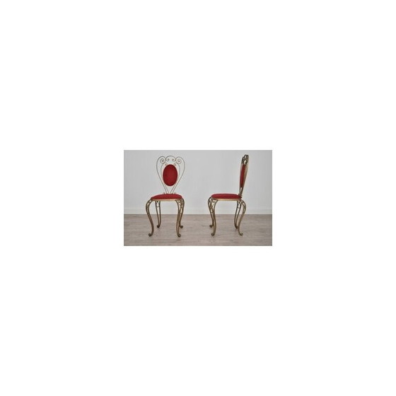 Image 1 of Pair of vintage patinated brass, wrought iron and velvet side chairs, 1970s