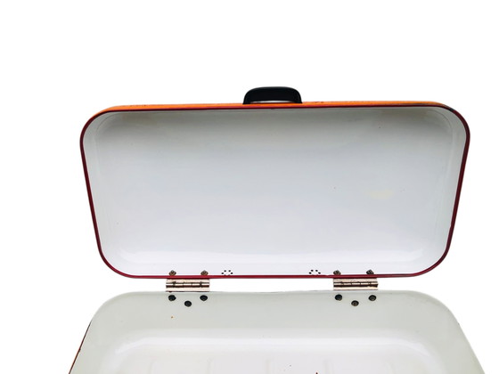 Image 1 of Oranje vintage emaille broodtrommel | metalen midcentury brooddoos