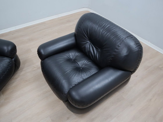 Image 1 of Paar Mobil Girgi Sapporo Sessel, schwarzes Leder, Italien, 1970er Jahre