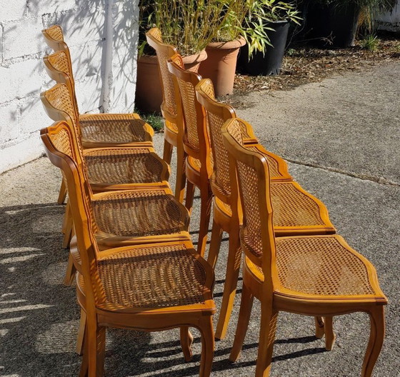 Set di 8 sedie da pranzo francesi vintage in rattan - 8 sedie da cottage in legno di ciliegio - Stile Luigi (photo 4 of 15)