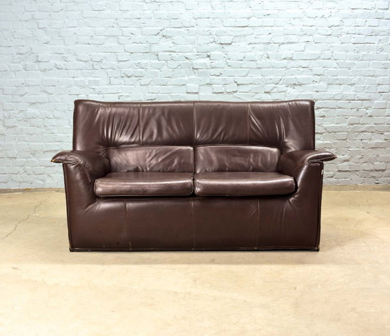 Image 1 of Afra and Tobia Scarpa Design Mid-Century Italian Design Chocolate Brown Leather Two Seat Sofa, Model Lauriana for B&B Italia.