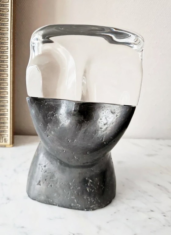 Image 1 of Sculpture Anthropomorphe Monumentale Visage Hybride Cristal Massif Métal Brut 11kg Design Moderniste Brutaliste 2e Moitié XXe