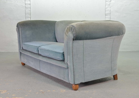 Image 1 of Chesterfield Style Duotone Two-Seat Victorian Sofa in Frosted Blue and Moss Green Velvet, 1950s.