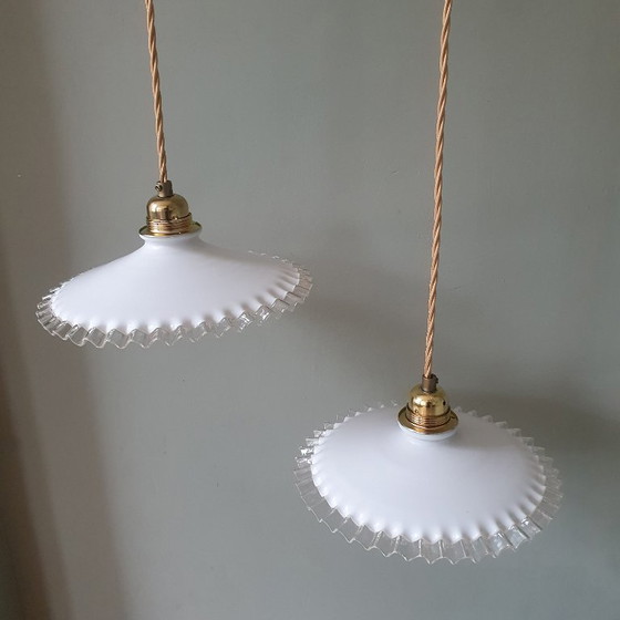 Set Vintage Pendant lamps Opaline glass - Transparent Decorative Edge – Metal (photo 8 of 24)