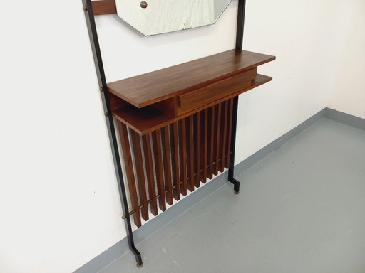 Meuble d’entrée vestiaire italien vintage avec miroir, tablettes et tiroir en teck et métal des années 50 60