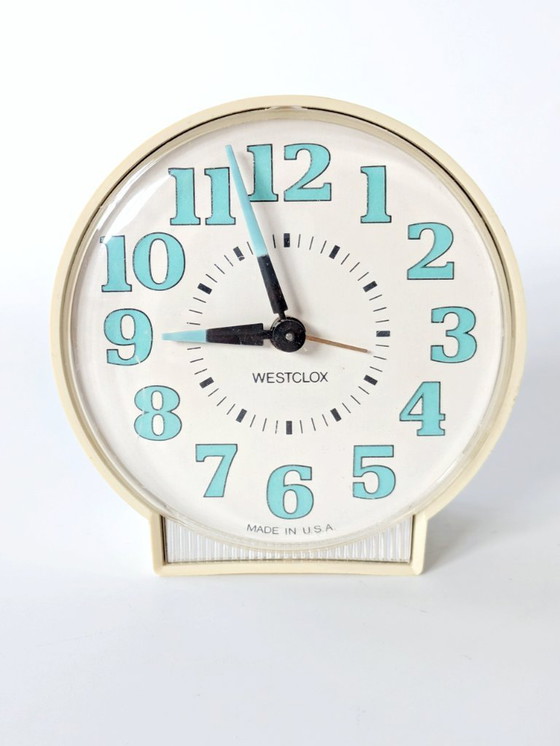 Image 1 of Vintage 1970s Westclox Alarm Clock | Cream and Turquoise, Made in USA