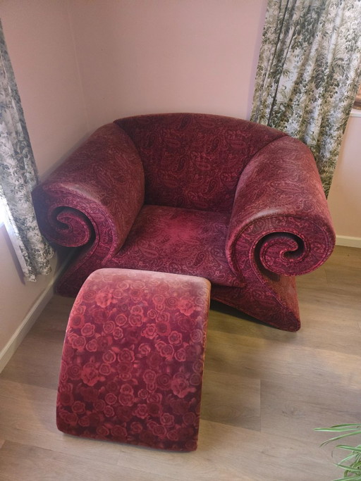 Bretz Mammut design armchair with ottoman – vintage red velvet