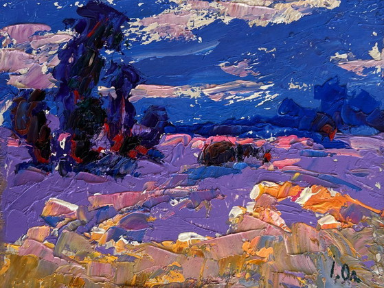 Image 1 of Original Oil Painting Evening Field Landscape Cold evening in the field