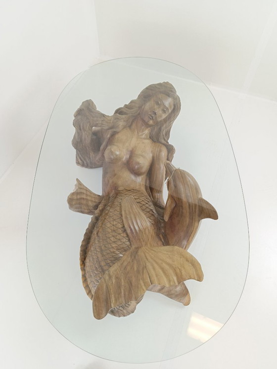 Image 1 of tavolino da caffè vintage a forma di sirena con piano in vetro