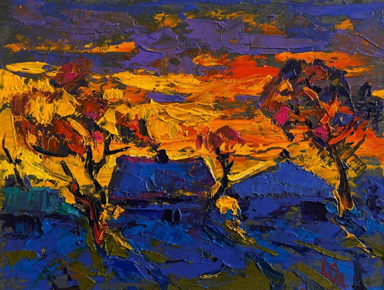 Image 1 of Original Oil Painting Sunset Houses Landscape A blazing evening in the village