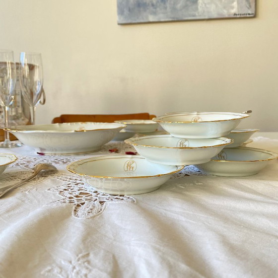 Image 1 of Dessert service with 12 small bowls and a salad bowl, antique Limoges porcelain, Lafarge & Cie