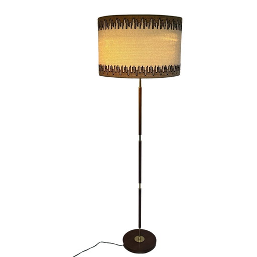 Temde Leuchten - Floor lamp - Space age design - Brass and teak wooden base - fabric covered shade - ca. 1960’s