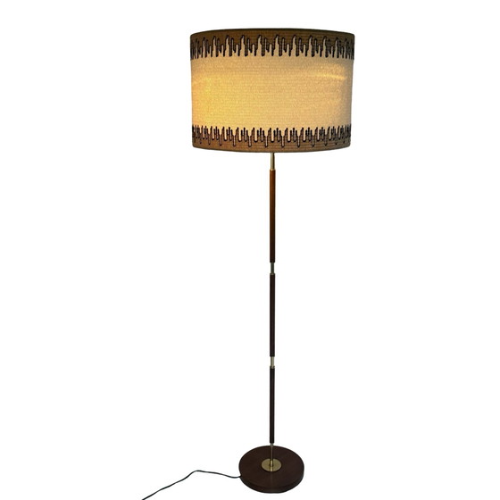 Image 1 of Temde Leuchten - Floor lamp - Space age design - Brass and teak wooden base - fabric covered shade - ca. 1960’s