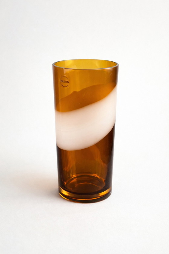 Image 1 of Carlo Nason Murano Glass Vase – "Mou" Collection – Amber & White Lattimo – Signed
