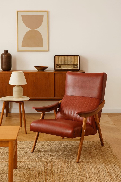 Fauteuil vintage rouge bordeau et bois