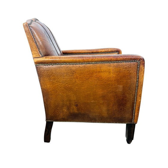 Image 1 of Antieke Franse moustache fauteuil – cognac leren clubstoel – begin 20e eeuw
