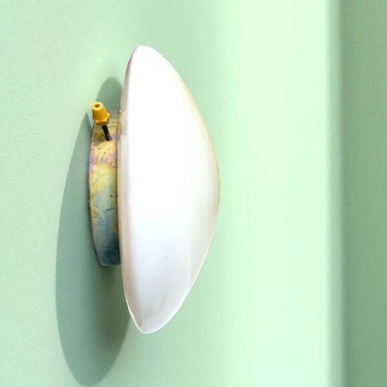 Image 1 of Pair of Art Deco style white opaline glass flush mount ceiling or wall lights 30 and 27cm