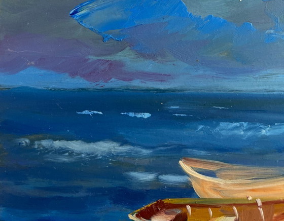 Image 1 of Original Oil Painting Evening Sea Landscape Calm evening sea