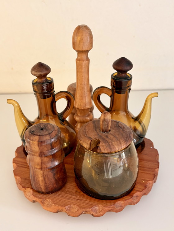 Image 1 of Set olio e aceto vintage – vetro ambrato e legno – vassoio