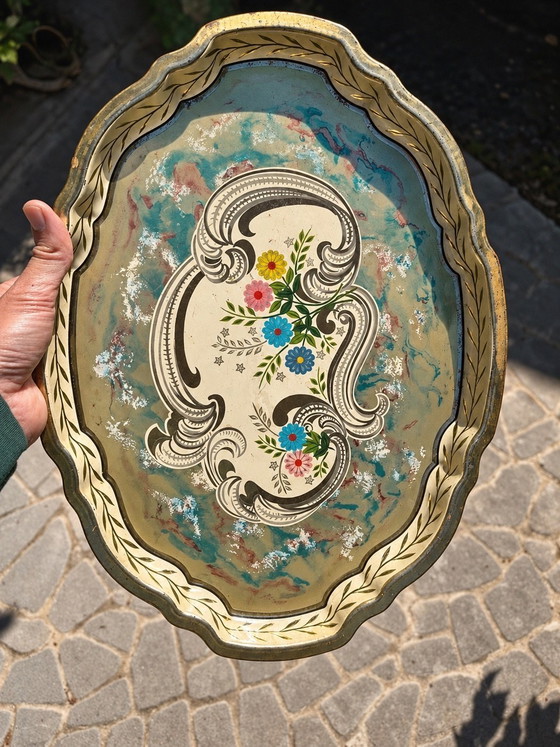 Baret Ware Vintage English Serving Tray, 1960s Mid-Century Floral Design, Table accessories, Metal, Black (photo 7 of 7)