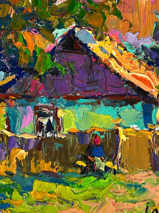 Image 1 of Peinture à l'huile originale, paysage champêtre, jardin d'été, maison au crépuscule