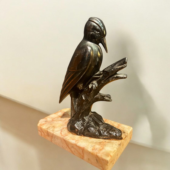 Image 1 of Vintage bookends Two woodpeckers on branch made of patinated pewter on marble top in Art Deco style