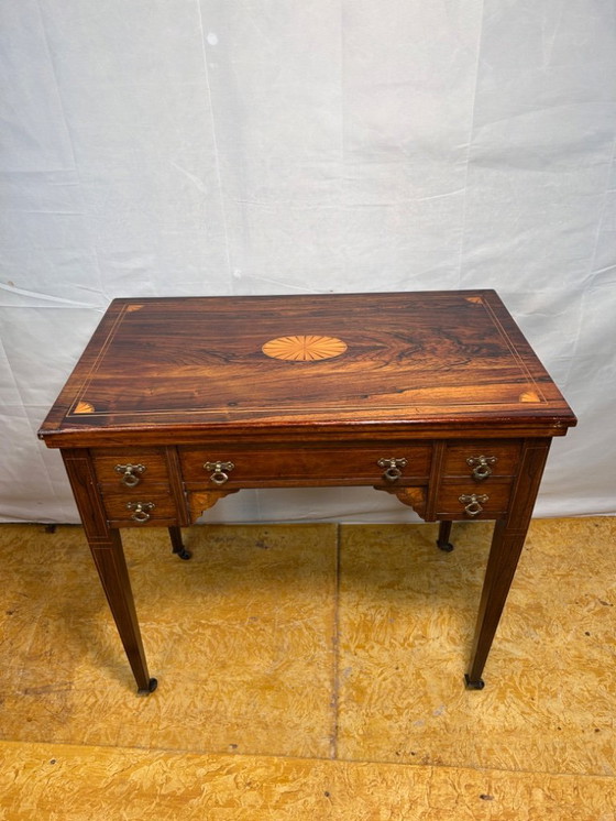 Image 1 of Antique Edwardian Rosewood Inlaid Desk / Transforming Games Table (1900–1910)  A Masterpiece of Dual-Function Design with Exquis