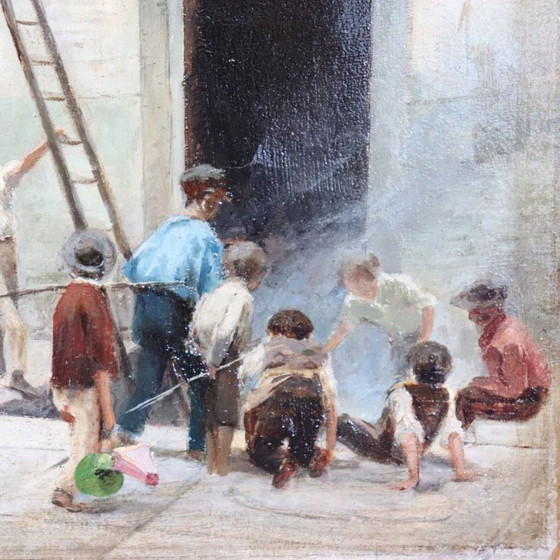 Image 1 of Oil Painting on Canvas, Children Playing, Italy 19th Century