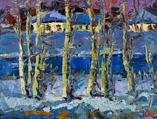Pintura al óleo original Paisaje nocturno de pueblo El primer soplo de primavera