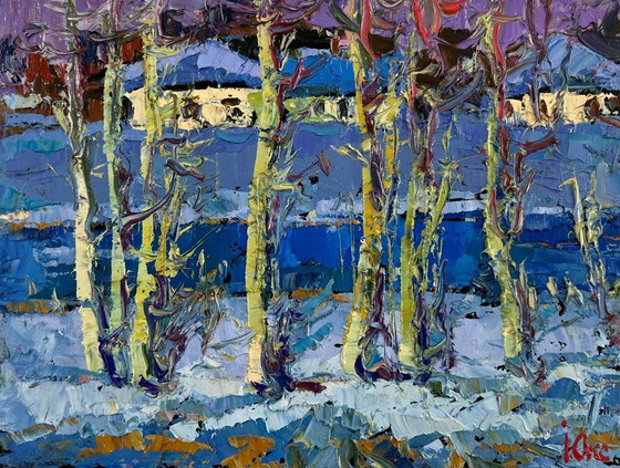 Image 1 of Original Oil Painting Night Village Landscape The first breath of spring