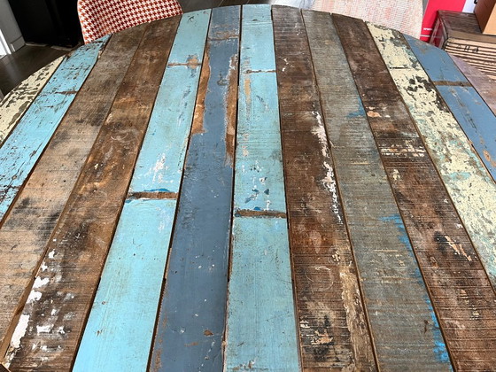 Large Round Wooden Dining table Ø140 Cm – Colorful Weathered Wooden Top – Cross Base (photo 2 of 5)