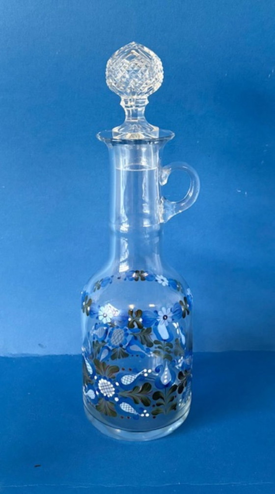 Image 1 of Unique hand-painted crystal carafe with 4 glasses, vintage