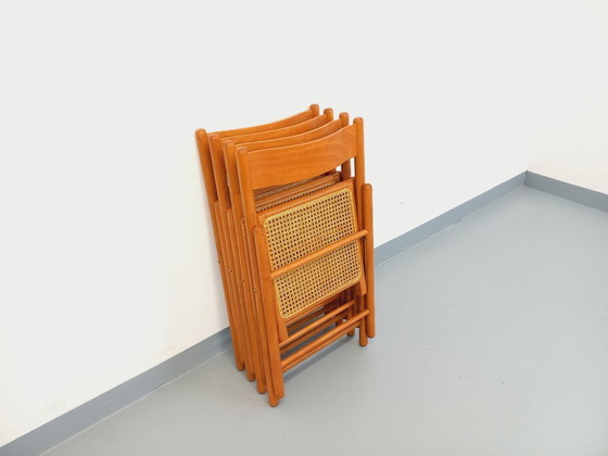 Image 1 of Set of 4 vintage Habitat folding chairs in beech wood and caning from the 1980s