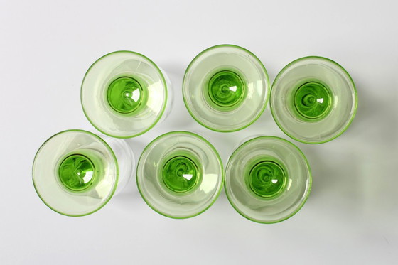 Image 1 of Set of 6 Vintage Limoncino Liqueur Glasses / Green Stem Shot Glasses Bormioli / Italy / 1970s