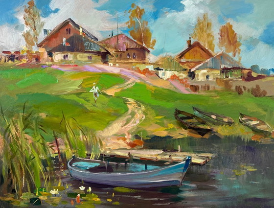 Image 1 of Peinture à l'huile originale représentant un paysage côtier estival et un village avec un ferry.