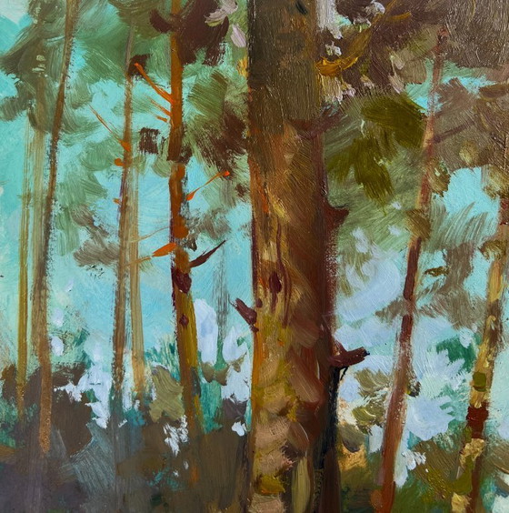 Image 1 of Pintura al óleo original Paisaje fluvial costero Río en los brazos del bosque