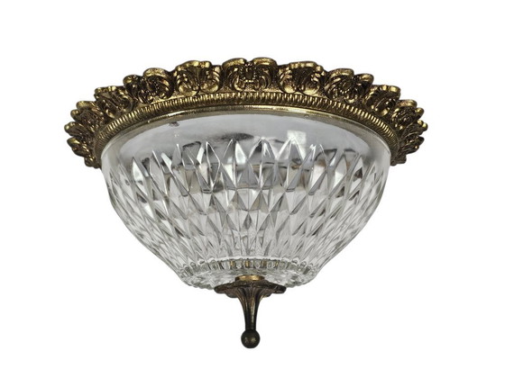 Image 1 of Lampadario massiccio da soffitto - Vetro - Ottone - Stile Hollywood Regency - Belgio - Anni '70