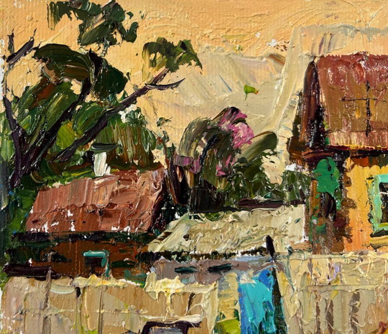 Image 1 of Original Oil Painting Evening Village Landscape Light at day’s end