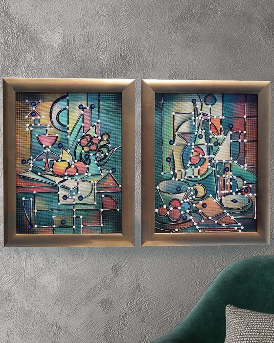 Image 1 of Kubisme A1438 - abstracte schilderijen - tweeluik