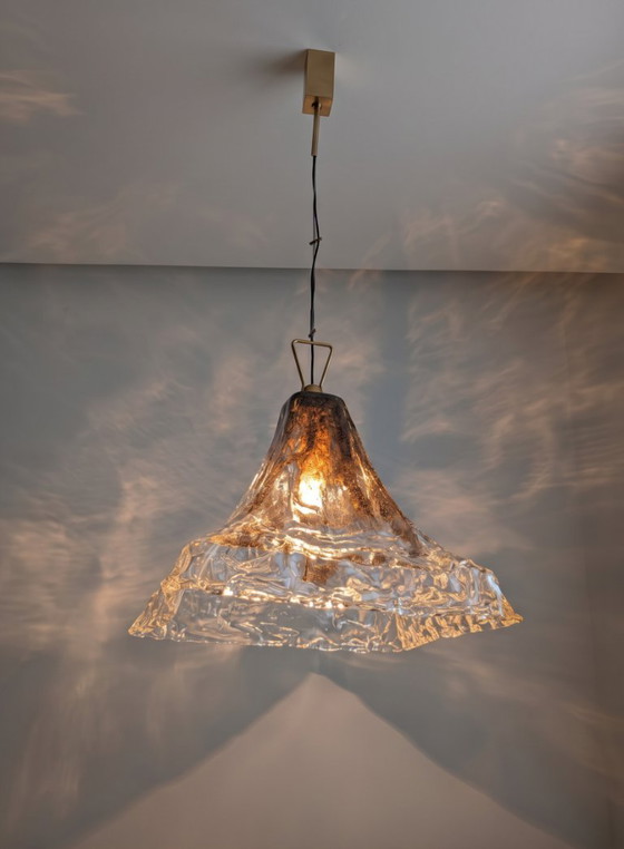Pendant lamp with textured glass shade, Carlo Nason, Brass, Transparent, Mid Century Modern (photo 2 of 14)