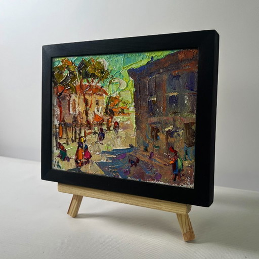 Original Oil Painting Autumn Street Landscape The city wakes up in the fresh air