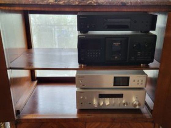 Image 1 of Louis XVI style tall cabinet in wood and French marble slab