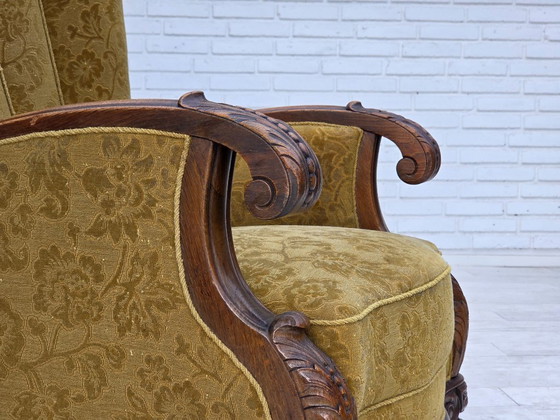 Image 1 of 1960er Jahre, dänischer Sessel mit hoher Lehne, Möbelwolle, massives Eichenholz.