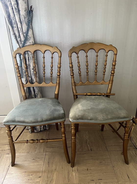 Sillas estilo Napoleón III en madera dorada y terciopelo azul verdoso. – Sillas de comedor, Wood, Velvet (photo 3 of 4)