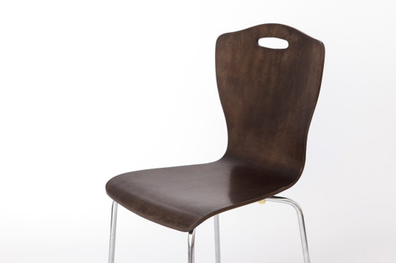Een paar vintage multiplex eetkamerstoelen, Duits design uit de jaren 80, metalen poten, mid-century modern (photo 9 of 11)