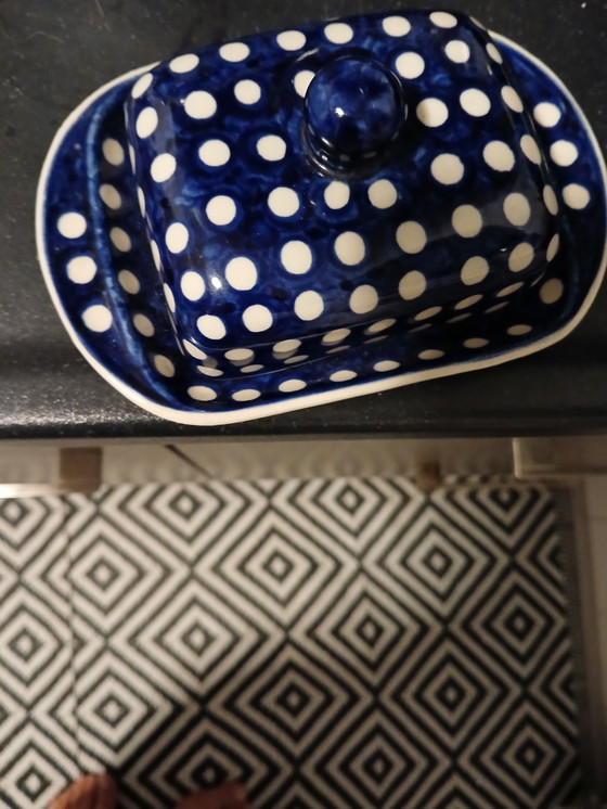 Image 1 of Butter dish Bunzlauer Keramik (also known as Polish Pottery), recognizable by the traditional blue and white dot pattern
