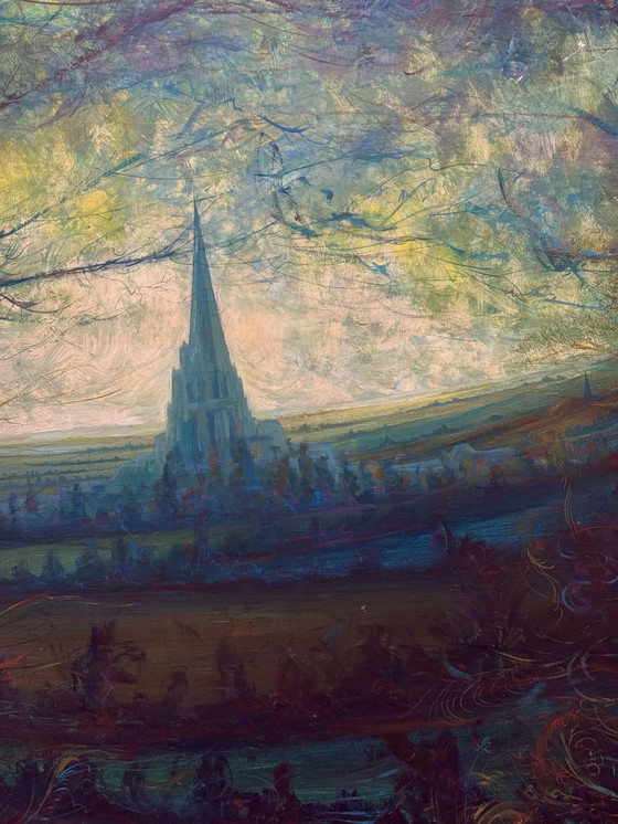 Image 1 of Ben Genaux (1911–1996, Belgio) - Paesaggio surreale con torre e farfalla, olio su tavola