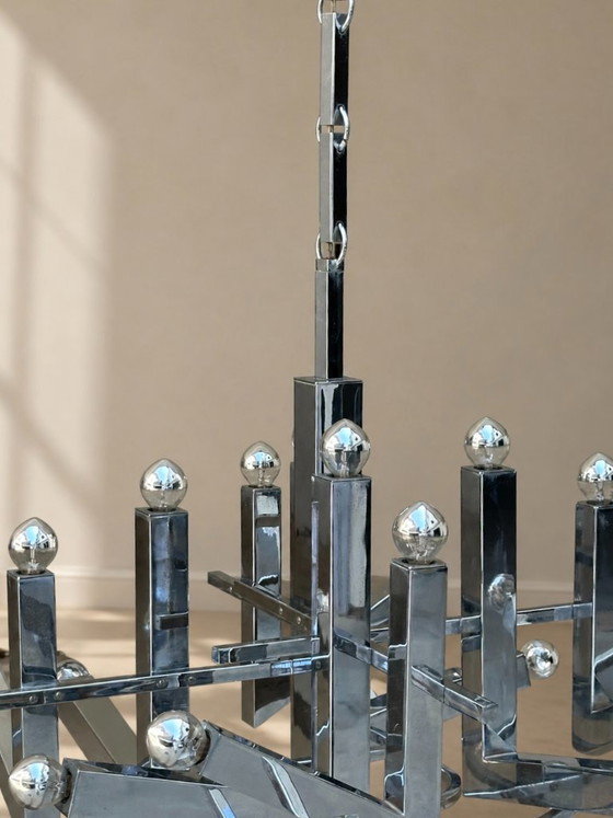 Impressive Sculptural 16-Light Chrome Chandelier — Gaetano Sciolari — Italy, 1970s – Pendant lamps, Metal (photo 6 of 6)