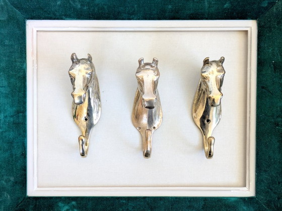 Image 1 of Set of 3 Vintage Brass Horse Head Wall Hooks Equestrian Heritage Accent